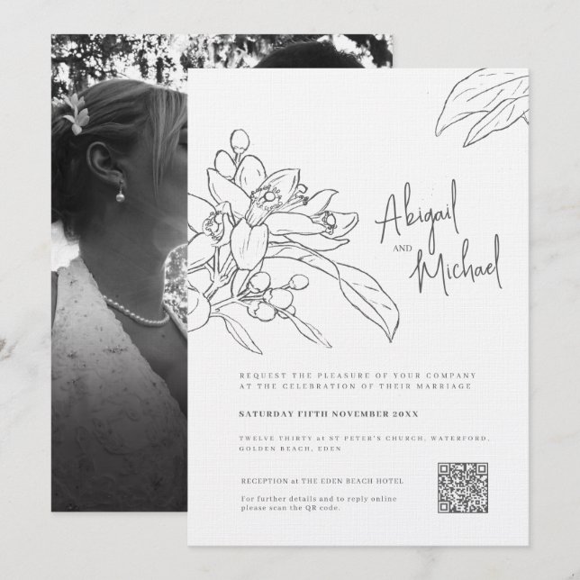 Invitación boda monofoto de boceto de flores de naranja (Anverso / Reverso)