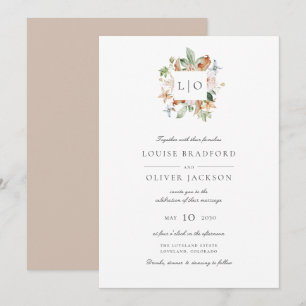 Invitación Boda Monograma Acuarela Simple y Elegante en Beige