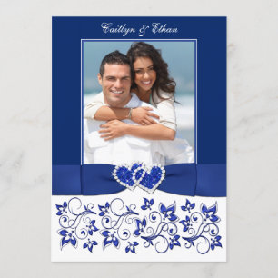 Invitación Boda   Monograma   Azul, Blanco   Floral   FOTO