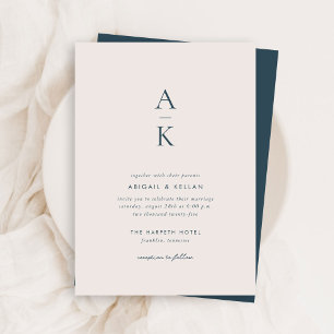 Invitación Boda monograma azul de la marina moderna simple