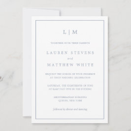 Invitación Boda Monograma Azul Sencillo y Elegante