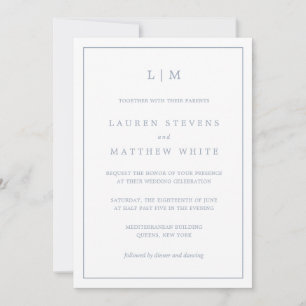 Invitación Boda Monograma Azul Sencillo y Elegante