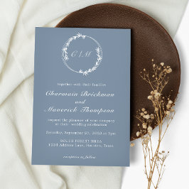 Invitación Boda monograma azul turbio de hoja minimalista