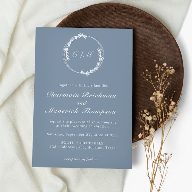 Invitación Boda monograma azul turbio de hoja minimalista (Subido por el creador)