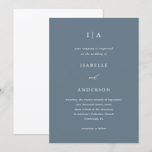 Invitación Boda monograma azul turbio simple