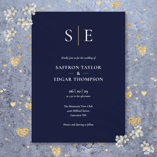 Invitación Boda Monograma Azul Y Oro De La Marina (Navy Blue And Gold Monogram Wedding Invitation)