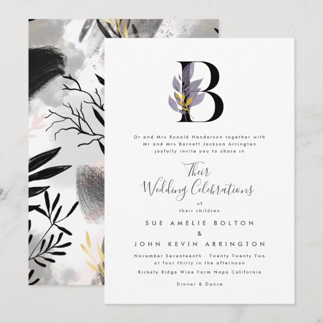 Invitación Boda Monograma 'B' de Alfabeto dorado púrpura mode (Anverso / Reverso)