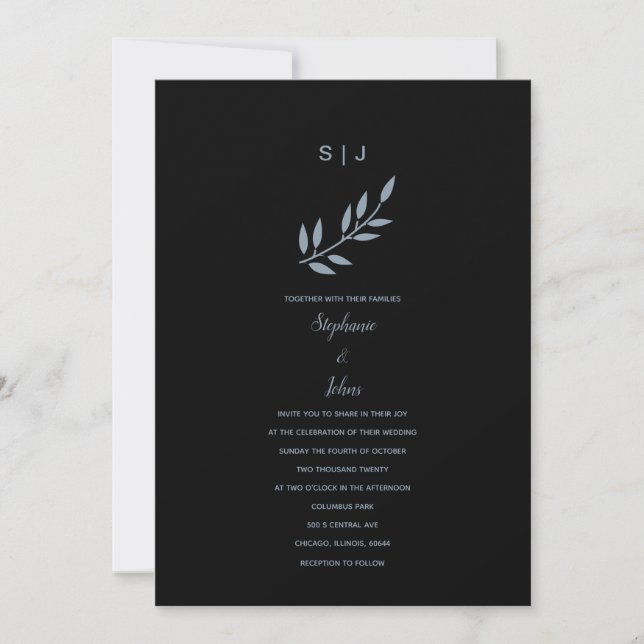 Invitación Boda Monograma Black Dusty Blue Leaf 2024 (Anverso)