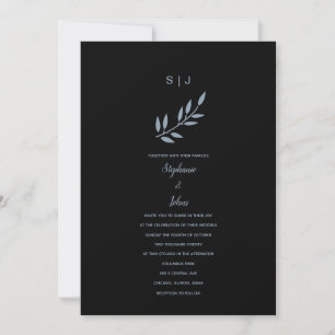 Invitación Boda Monograma Black Dusty Blue Leaf 2024