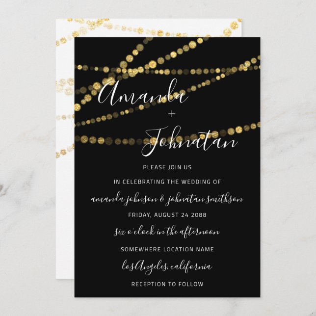 Invitación Boda Monograma Black White Lights Gold New Trend (Anverso / Reverso)
