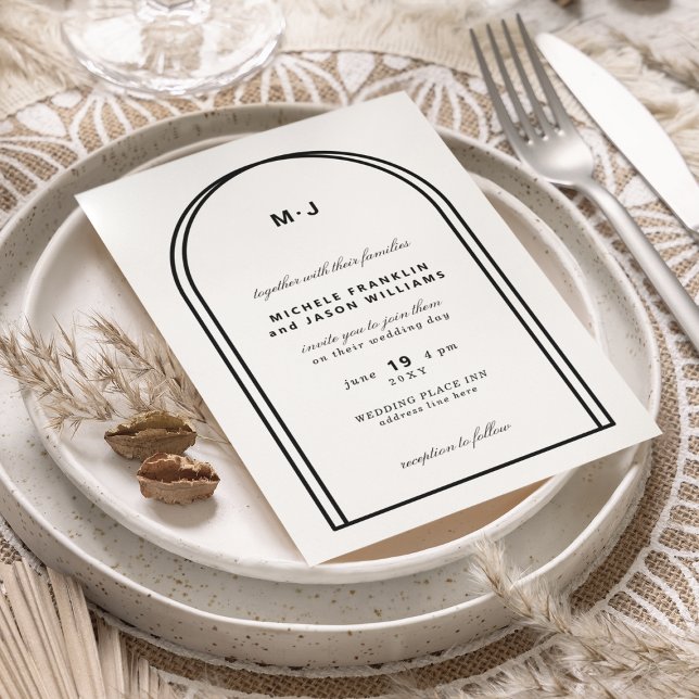 Invitación Boda Monograma Blanco Arco Minimalista Negro (Subido por el creador)