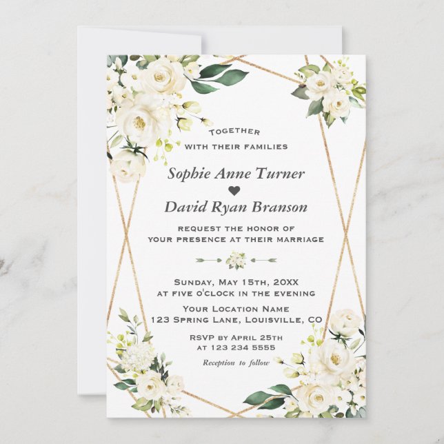 Invitación Boda Monograma Blanco Flores Doradas Encantadoras (Anverso)
