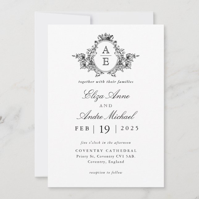 Invitación Boda Monograma blanco y negro de cosecha (Anverso)