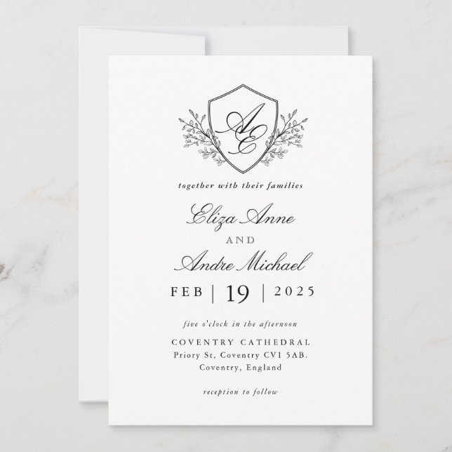 Invitación Boda Monograma blanco y negro de cosecha (Anverso)