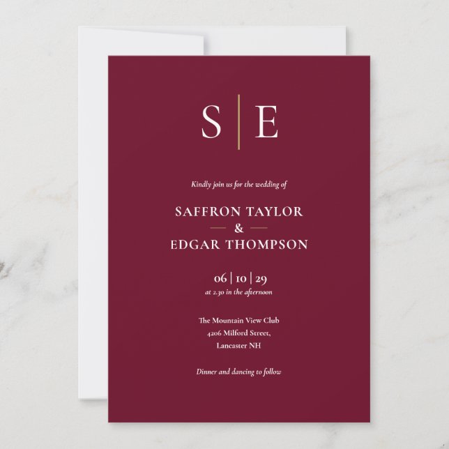 Invitación Boda Monograma Borgoña Todo en Uno (Anverso)