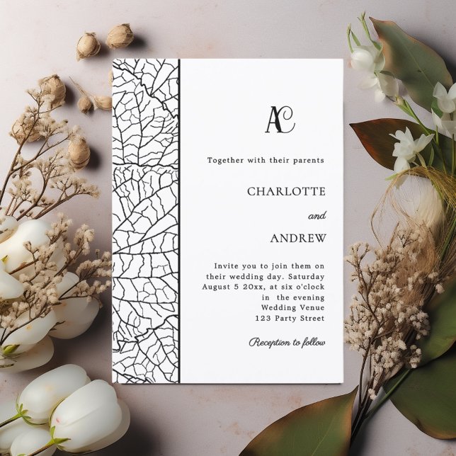 Invitación Boda monograma botánico blanco negro (Subido por el creador)