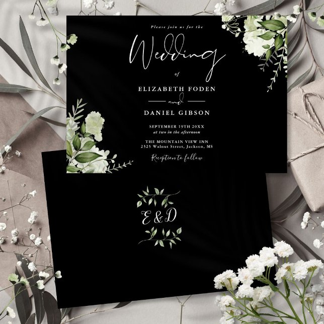 Invitación Boda Monograma Botánico de Verde Blanco  (Black White Botanical Greenery Monogram Wedding Invitation)