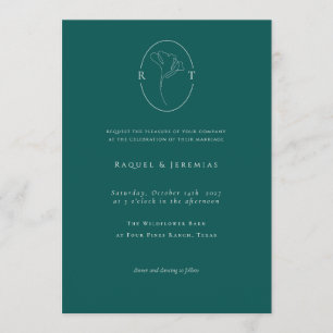 Invitación Boda Monograma Botánico Esmeralda Moderna