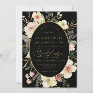 Invitación Boda Monograma Botánico Flora Negro Invierno Oro