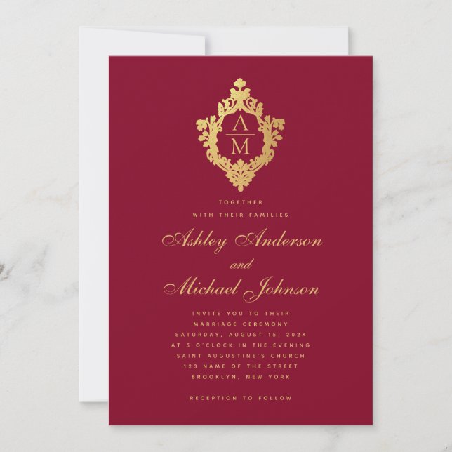 Invitación Boda Monograma Burgundy Faux Gold Vintage Escudo (Anverso)