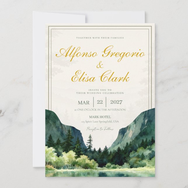 Invitación Boda Monograma Clásico Acuarela Rústica Verde  (Anverso)