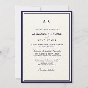 Invitación Boda Monograma clásico azul marino y crudo