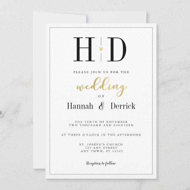 Invitación Boda Monograma clásico blanco y dorado negro (Anverso)