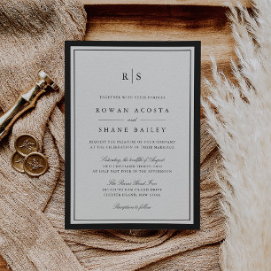 Invitación Boda Monograma Clásico con Borde Negro y Ecru