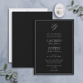Invitación Boda Monograma Clásico de Caligrafía en Blanco y N