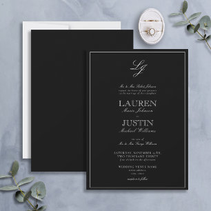 Invitación Boda Monograma Clásico de Caligrafía en Blanco y N