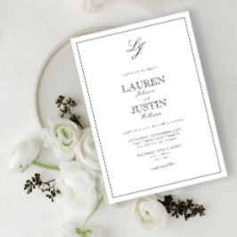 Invitación Boda Monograma Clásico de Caligrafía en Blanco y N