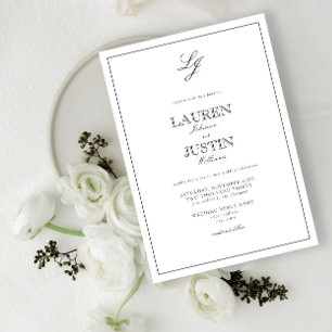 Invitación Boda Monograma Clásico de Caligrafía en Blanco y N