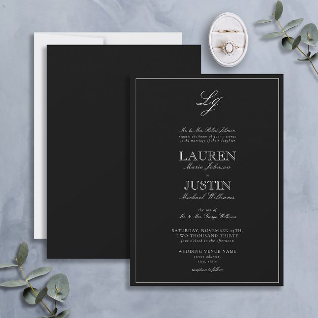 Invitación Boda Monograma Clásico de Caligrafía en Blanco y N (Subido por el creador)