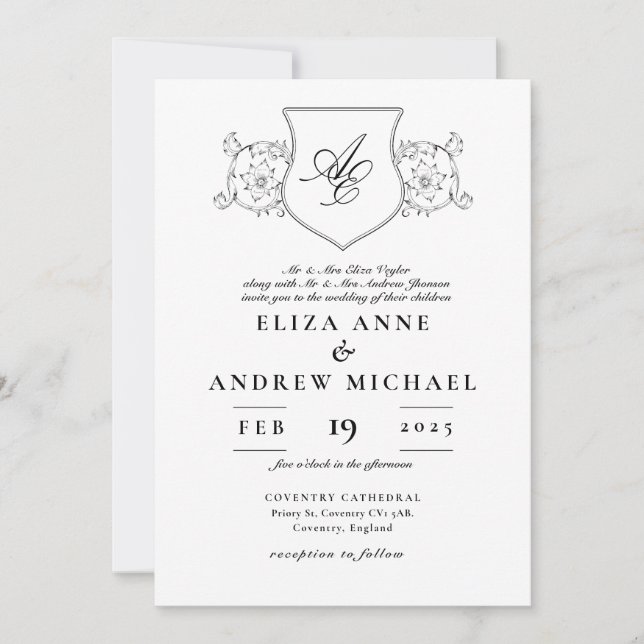 Invitación Boda Monograma clásico de Escudo blanco y negro (Anverso)