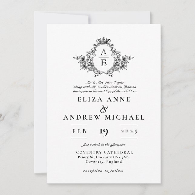 Invitación Boda Monograma clásico de Escudo blanco y negro (Anverso)