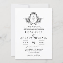 Invitación Boda Monograma clásico de Escudo blanco y negro