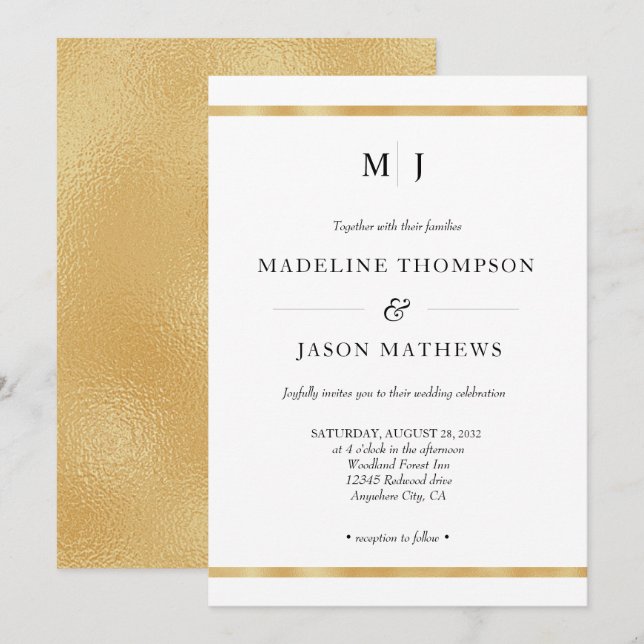 Invitación Boda monograma clásico elegante de Relieve metaliz (Anverso / Reverso)