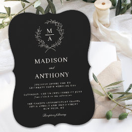 Invitación Boda monograma clásico simple y negro elegante