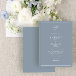Invitación Boda monograma con guión azul turbio clásico