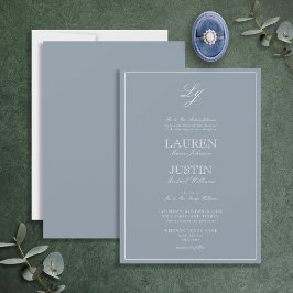 Invitación Boda monograma con guión azul turbio clásico
