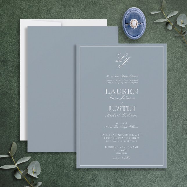 Invitación Boda monograma con guión azul turbio clásico (Subido por el creador)