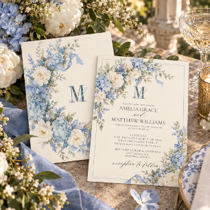 Invitación Boda Monograma con Lazo de Hortensias Azules Polvo