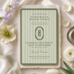 Invitación Boda Monograma con Raya Verde Salvia