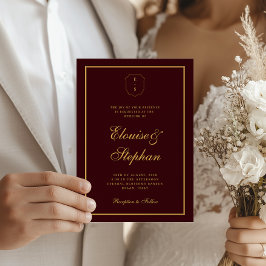 Invitación Boda Monograma Corona Dorada Burdeos Todo en Uno