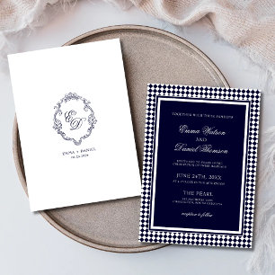 Invitación Boda Monograma Cresta Borde Arlequín Azul Marino