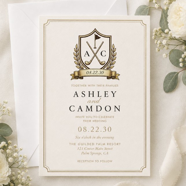 Invitación Boda Monograma Cresta de Golf Oro (Subido por el creador)