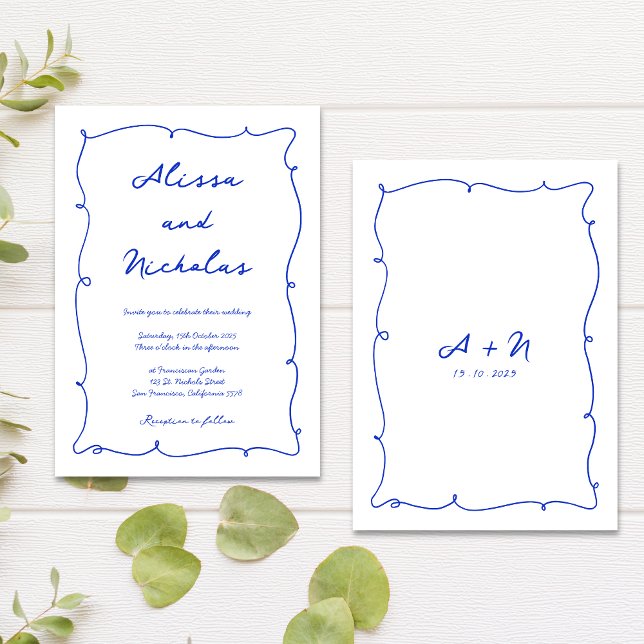 Invitación Boda monograma cursivo azul dibujado a mano modern (Subido por el creador)
