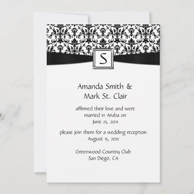 Invitación Boda Monograma Damasco Blanco y Negro Después de l (Anverso)