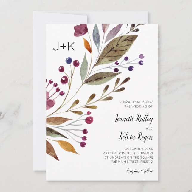Invitación Boda Monograma de acuarela de las flores de borgoñ (Anverso)