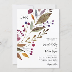 Invitación Boda Monograma de acuarela de las flores de borgoñ